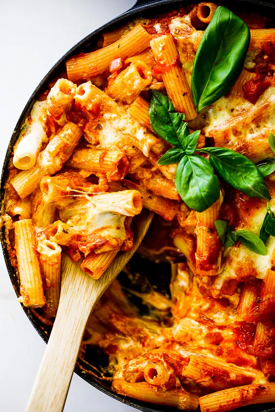 Easy baked ziti with fresh basil.
