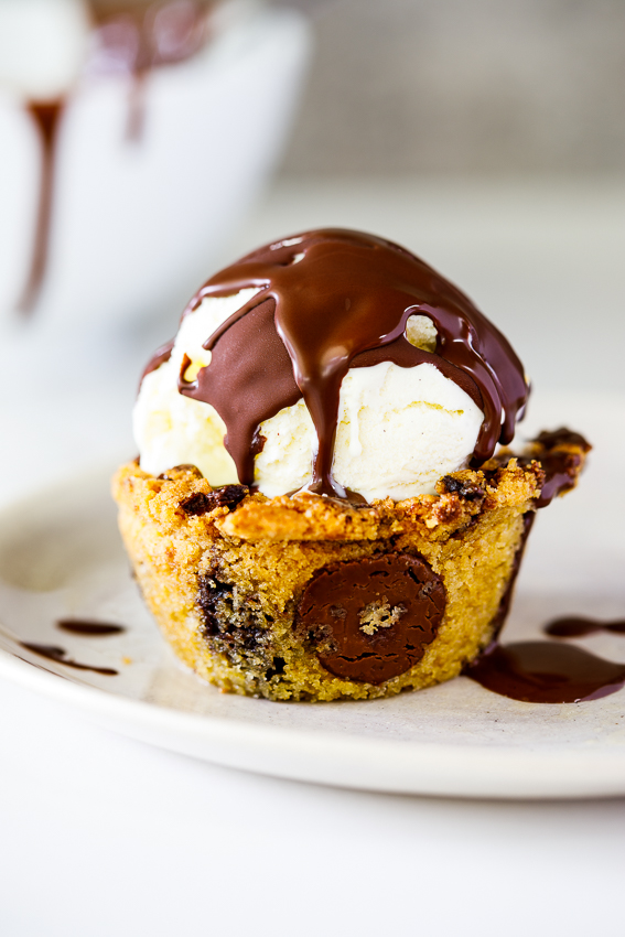 Easy one-bowl choc chip cookie cups with ice cream.