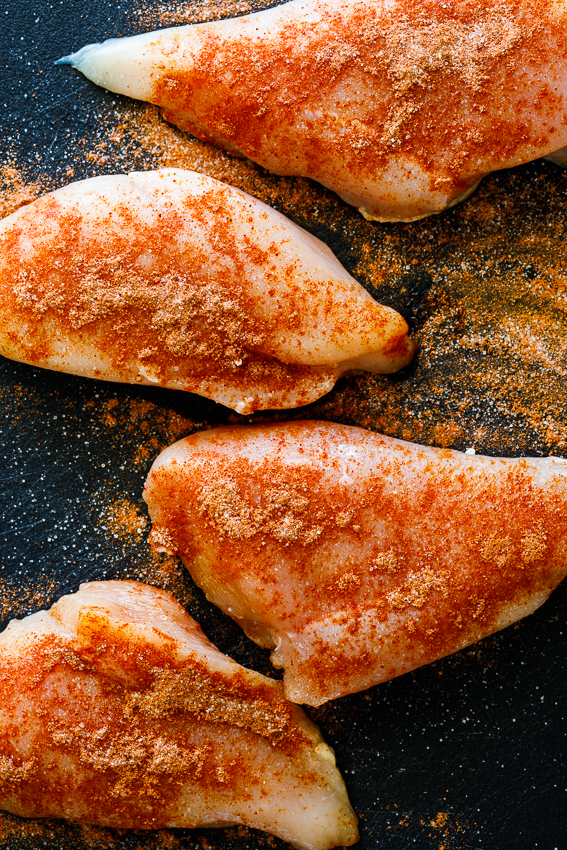 Chicken breasts with dry rub.