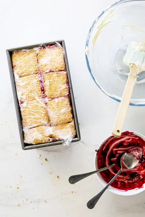 Berry lemon fridge tart layered with cookies.