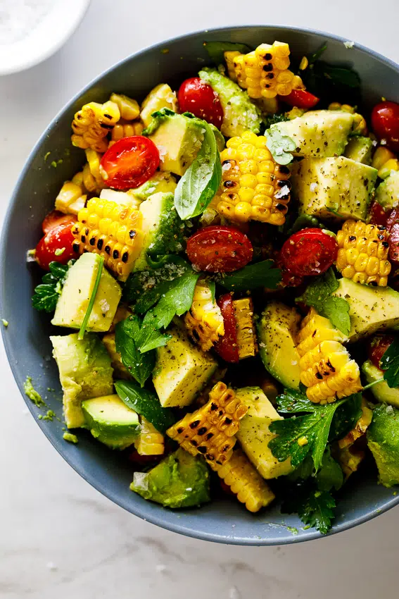 Grilled corn avocado salad