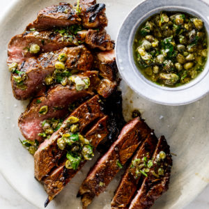 Grilled sirloin steak with caper herb sauce