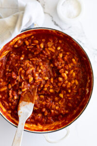 High Protein Cowboy Beans in frying pan.