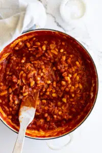 High Protein Cowboy Beans in frying pan.