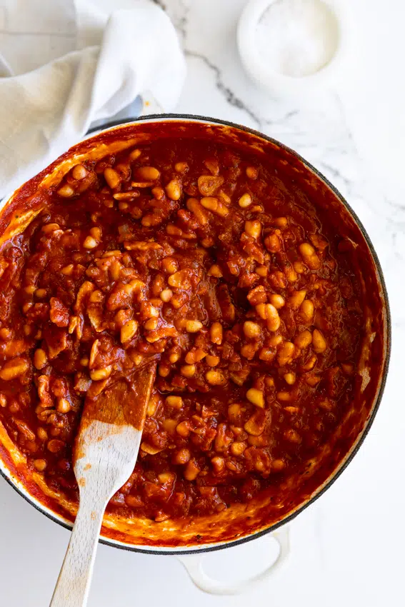 High Protein Cowboy Beans in frying pan.