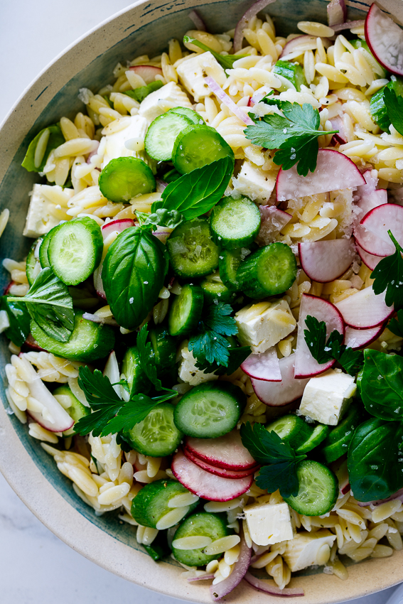 Easy lemon orzo salad with cucumber and feta cheese