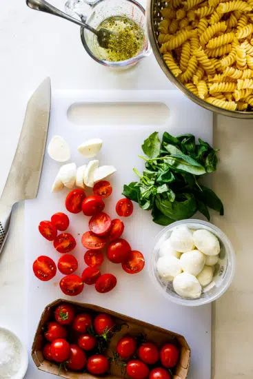Pasta salad ingredients.
