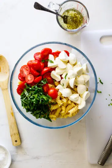 Pasta, tomatoes, mozzarella and basil.