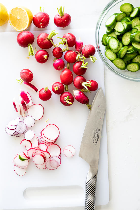 Ingredients for cucumber and radish salad