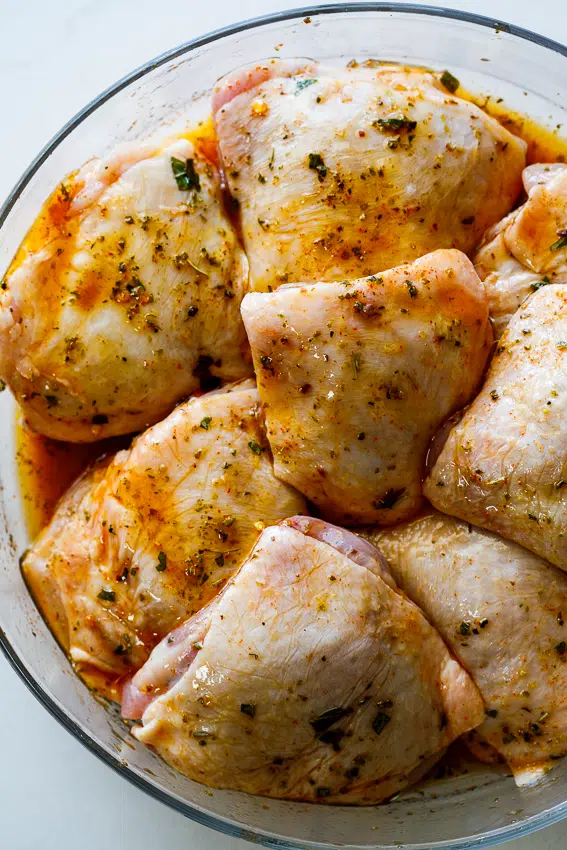 Chicken thighs marinated in lemon, garlic and herbs.