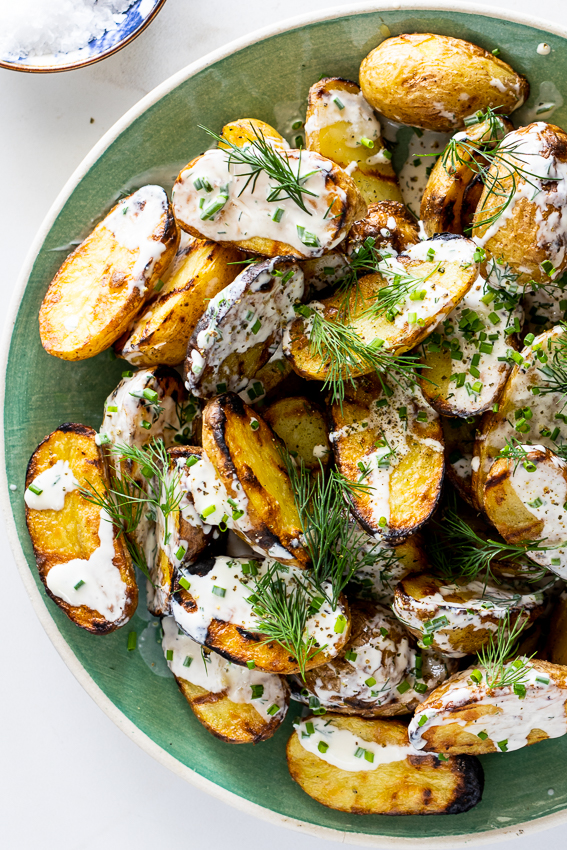 Grilled potato salad with sour cream dressing