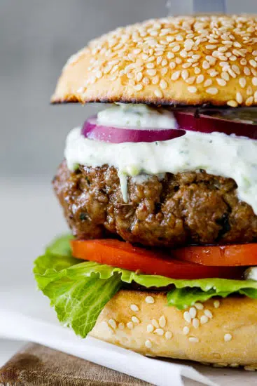 Juicy lamb burger with tzatziki