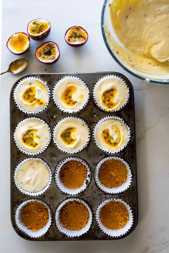 Mini Passion fruit no-bake cheesecakes