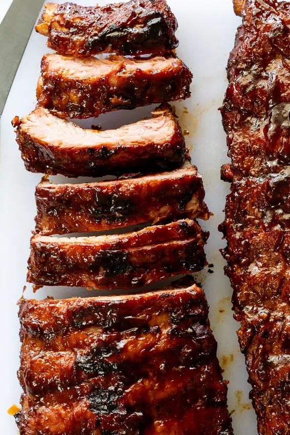 Sticky, juicy ribs glazed with BBQ sauce.