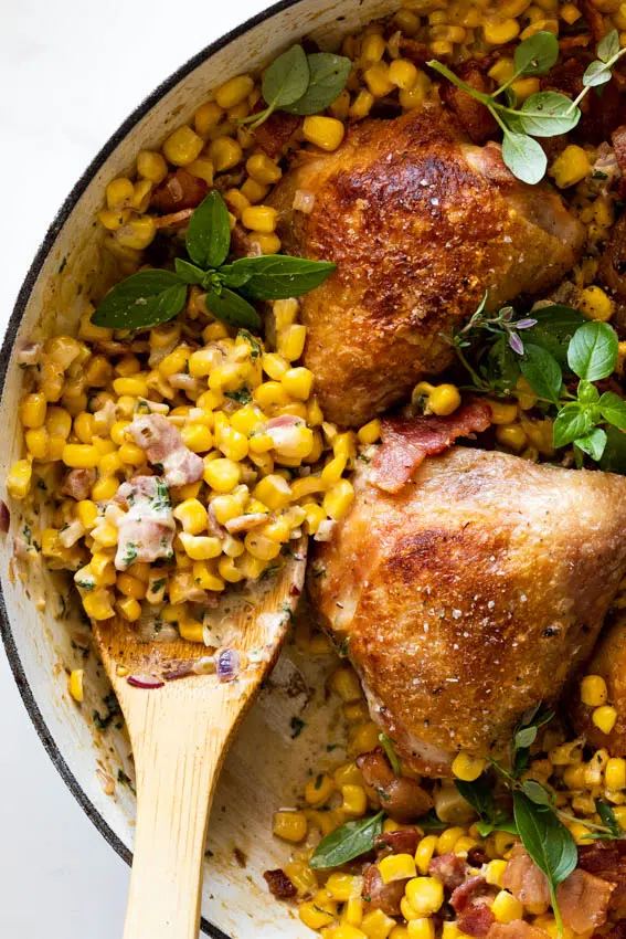Creamed corn with crispy bacon.