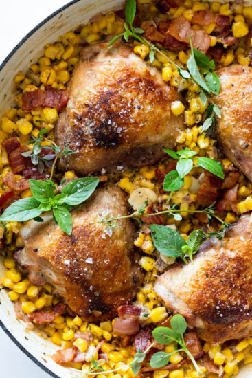Bacon creamed corn with crispy chicken thighs