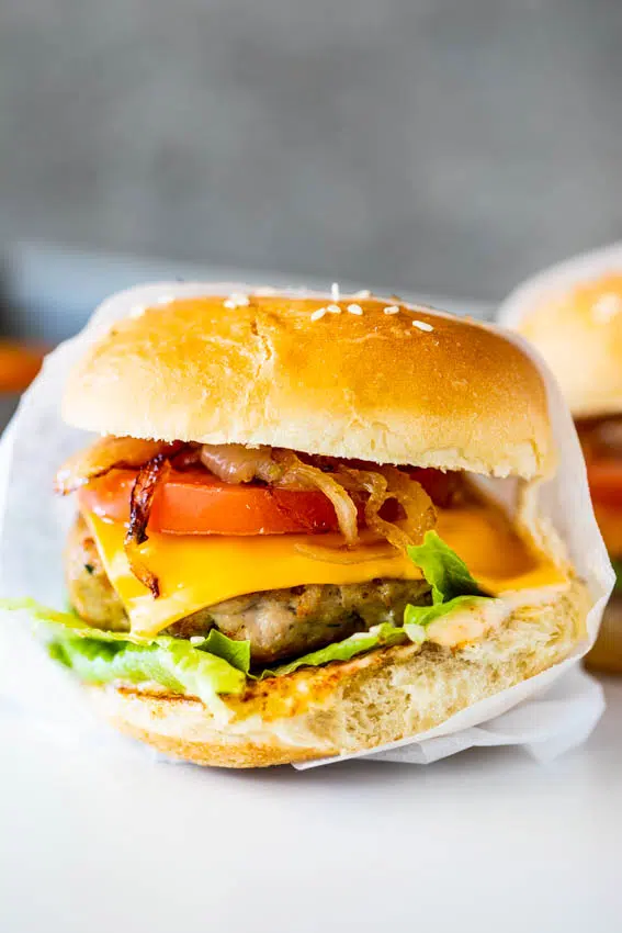 Easy turkey burgers with spicy mayo and fried onions.