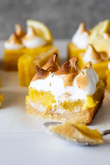 Lemon bars with easy crust and torched meringue.