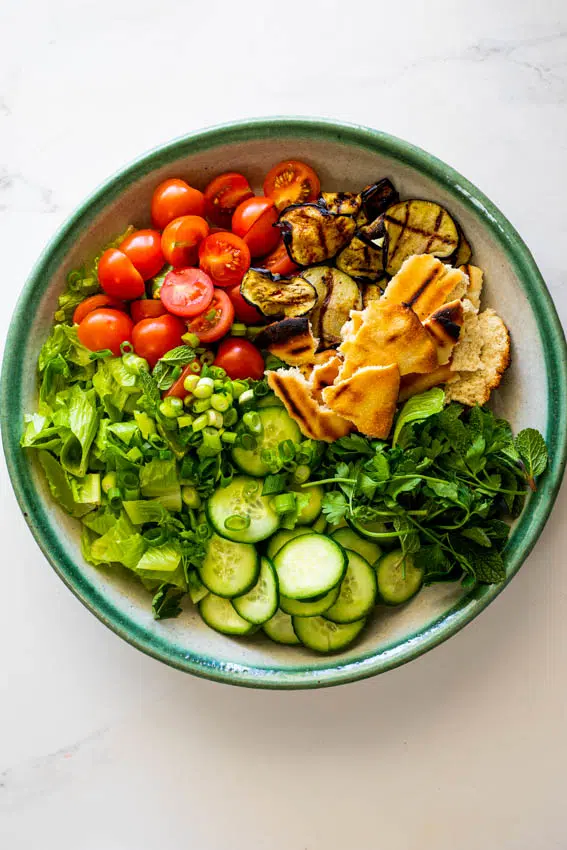 Fattoush salad with grilled eggplant.
