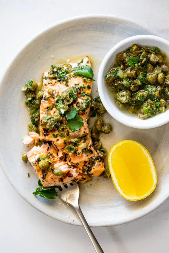 Grilled salmon with lemon caper sauce