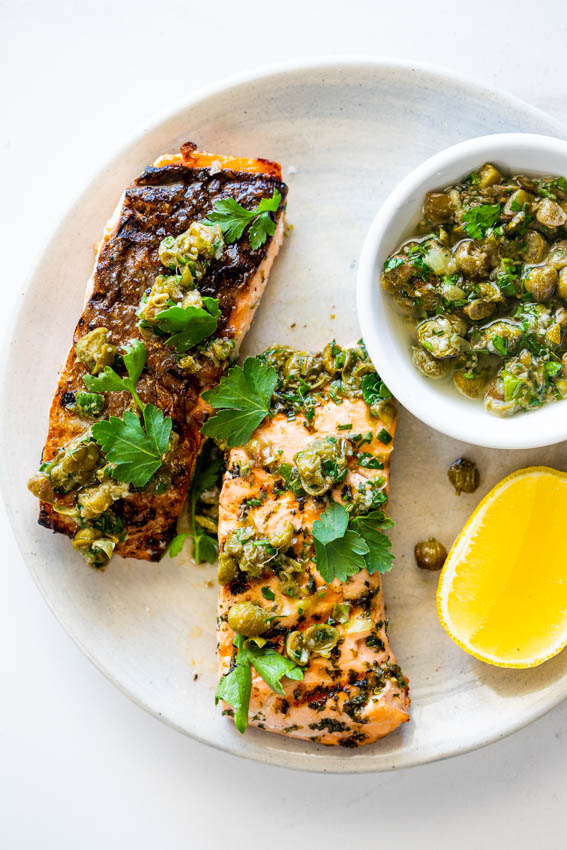 Grilled salmon with lemon caper sauce