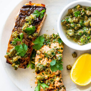 Grilled salmon with lemon caper sauce
