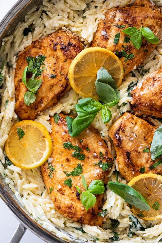 Lemon chicken with creamy spinach orzo 
