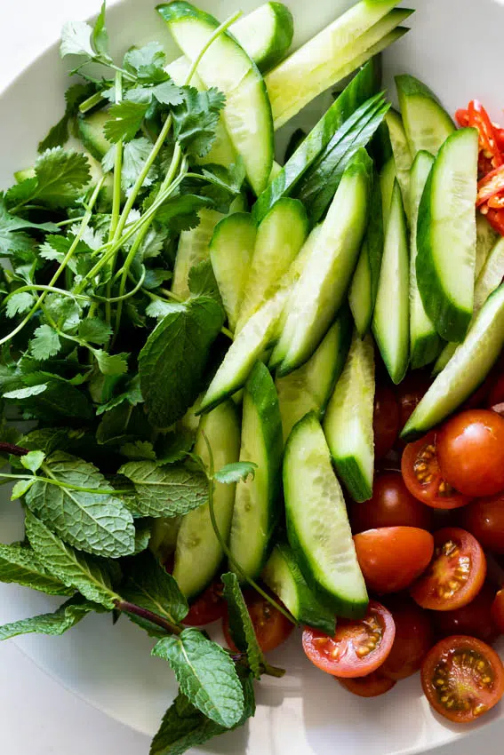 Salad ingredients for Thai beef salad.