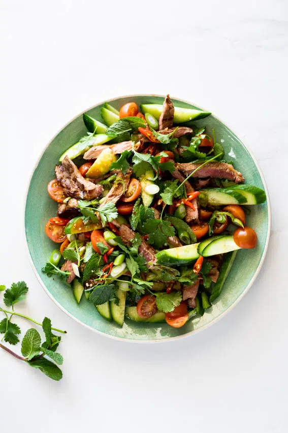 Thai beef salad with fresh herbs.