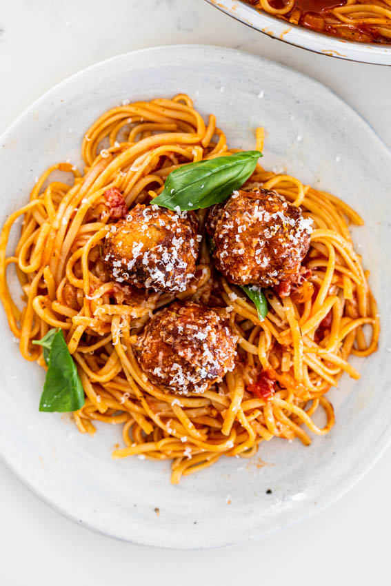 Juicy chicken meatballs with spaghetti.