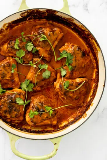 Coconut braised chicken thighs with cilantro.