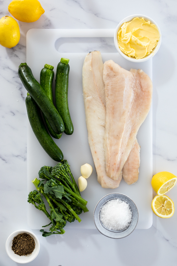 Ingredients for garlic butter fish en papillote