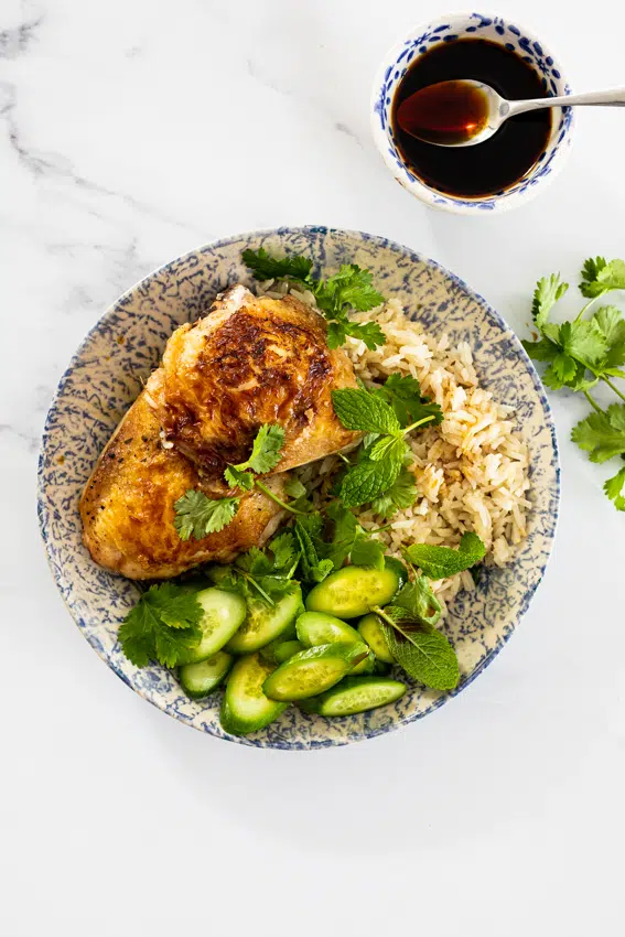 One pan Ginger chicken and rice with soy dressing.