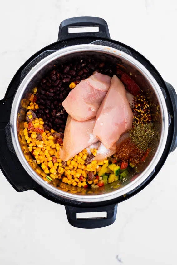 Ingredients for chicken black bean soup in Instant Pot.