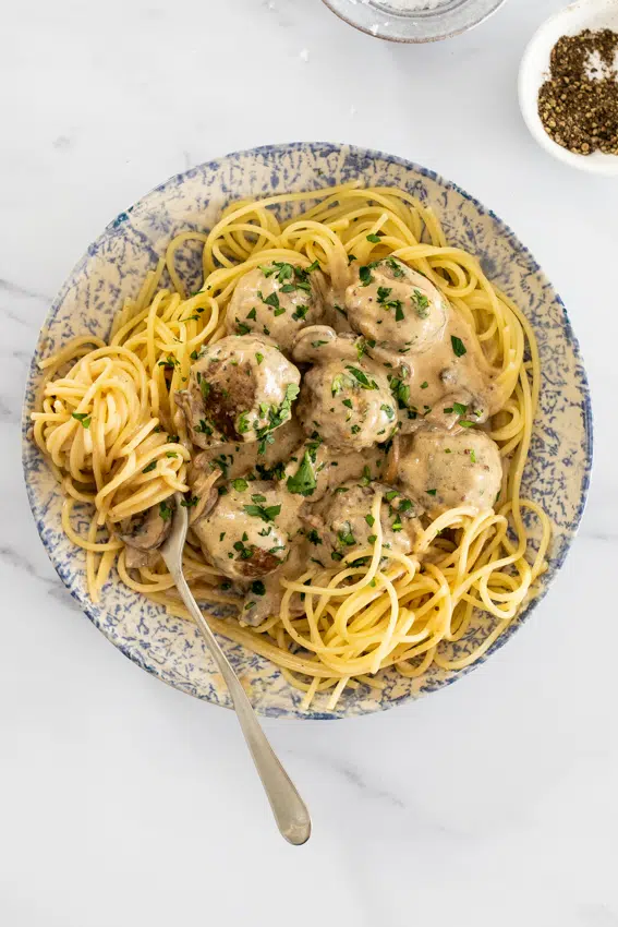 Meatball stroganoff with pasta.