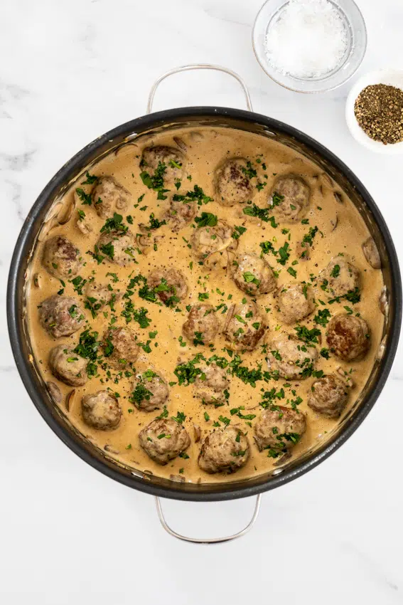 Meatball stroganoff with creamy mushroom sauce.
