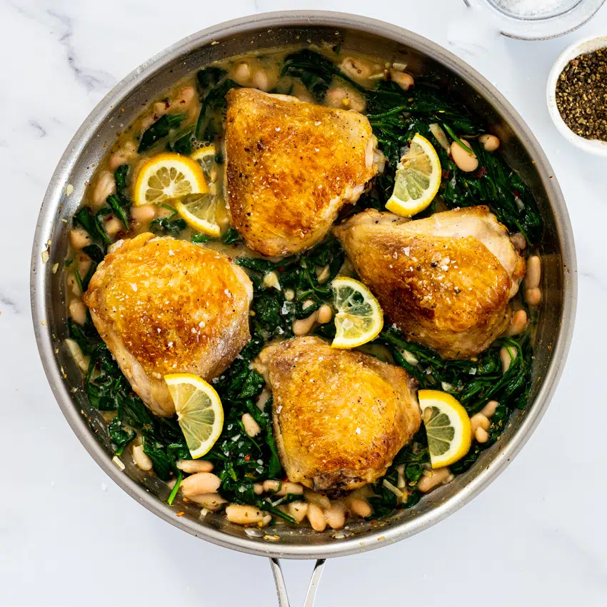 One pan lemon chicken spinach and beans.
