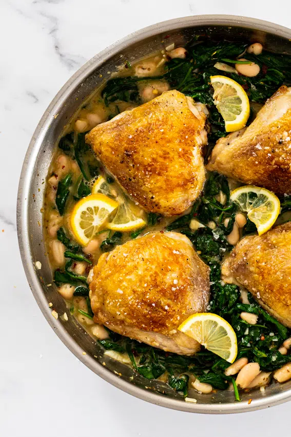 One pan lemon chicken spinach and beans.