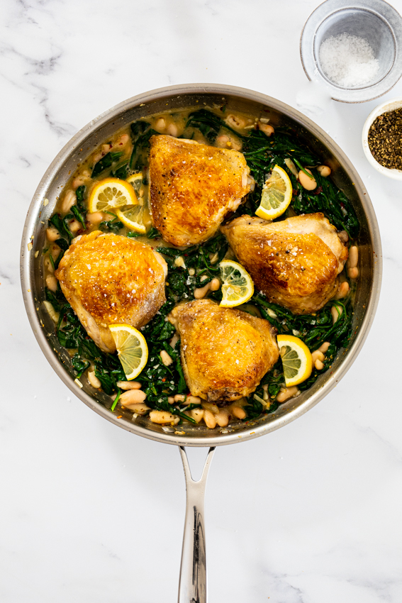 One pan lemon chicken spinach and beans.