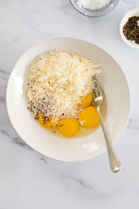 Eggs with Pecorino and Parmesan for Spaghetti Carbonara.