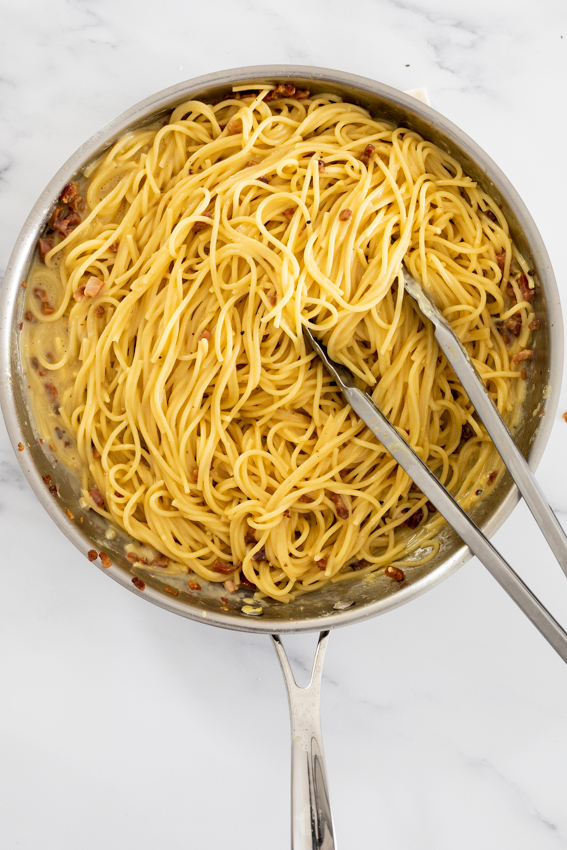 Spaghetti tossed with easy Carbonara sauce.