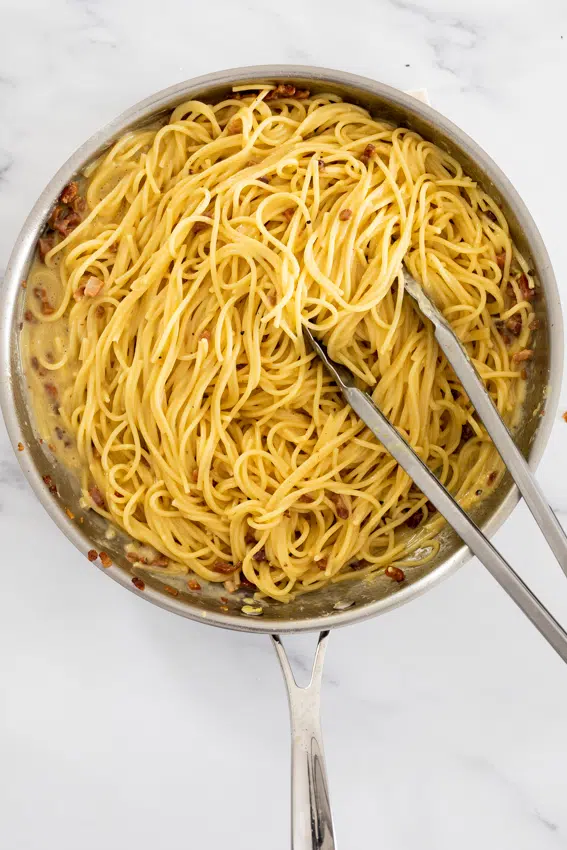 Spaghetti tossed with easy Carbonara sauce.