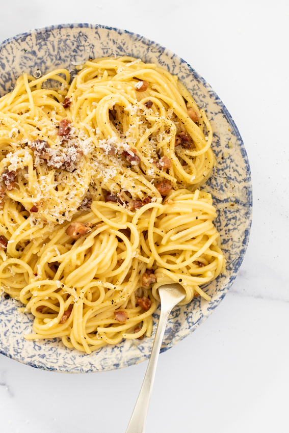 Spaghetti Carbonara with Parmesan cheese.