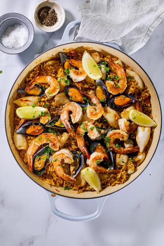 Seafood paella with shrimp, mussels and calamari.