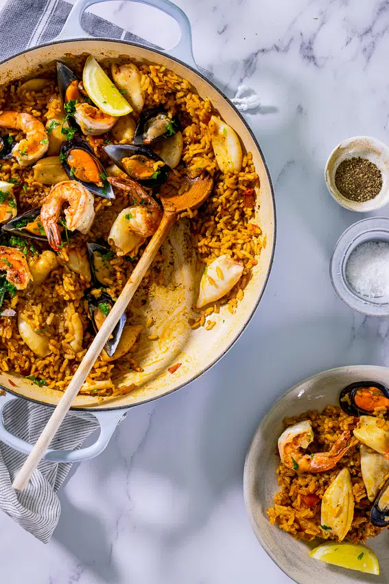 Paella made with shrimp, calamari and mussels.