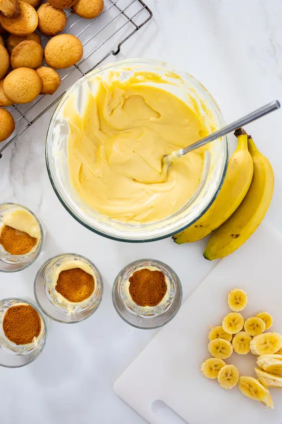 Banana pudding layered with Nilla wafers and fresh bananas.