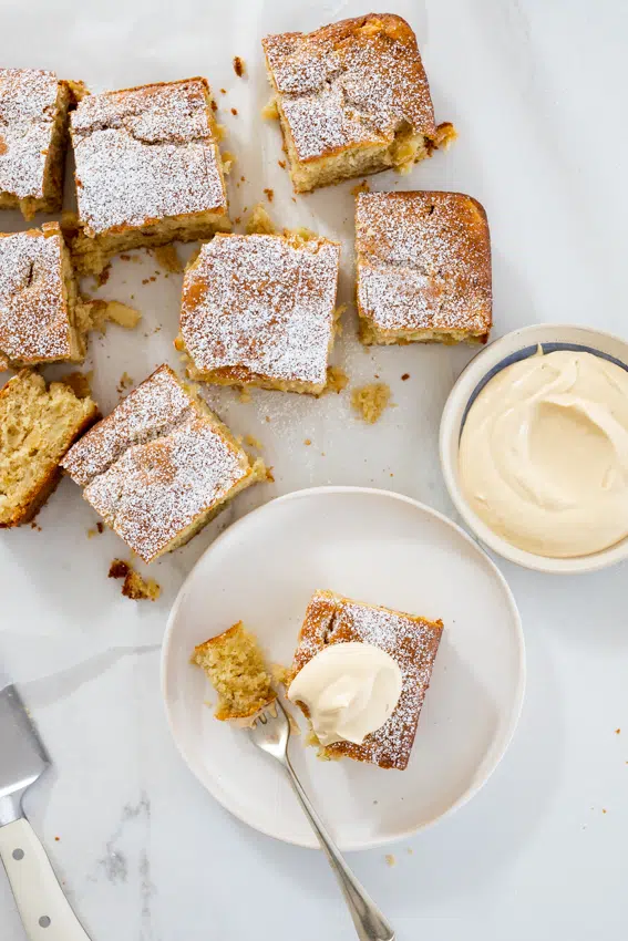 Caramel apple cake with dulce de leche whipped cream.