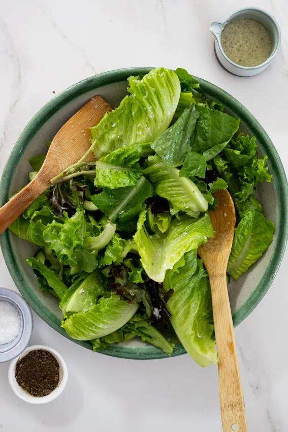 Easy green salad with lemon Parmesan dressing.