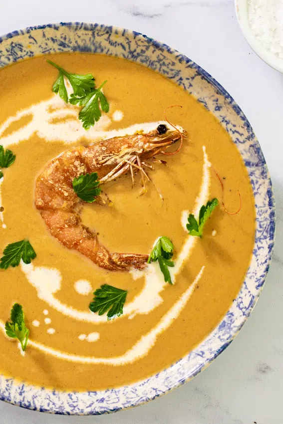 Prawn bisque made with jumbo shrimp / prawns and aromatics.