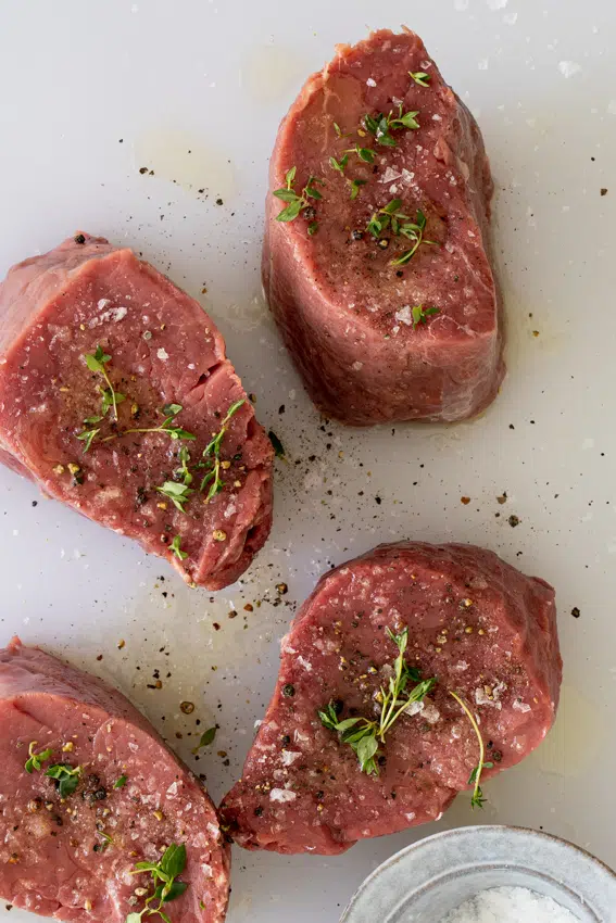 Beef tenderloin seasoned with salt, pepper and thyme.